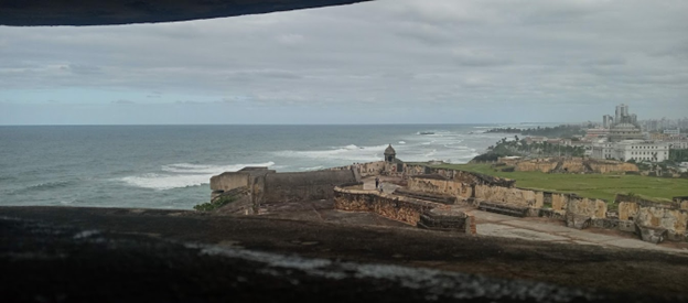 Looking out from an observation position inside the Castillo El Morro towards the Atlantic Ocean.